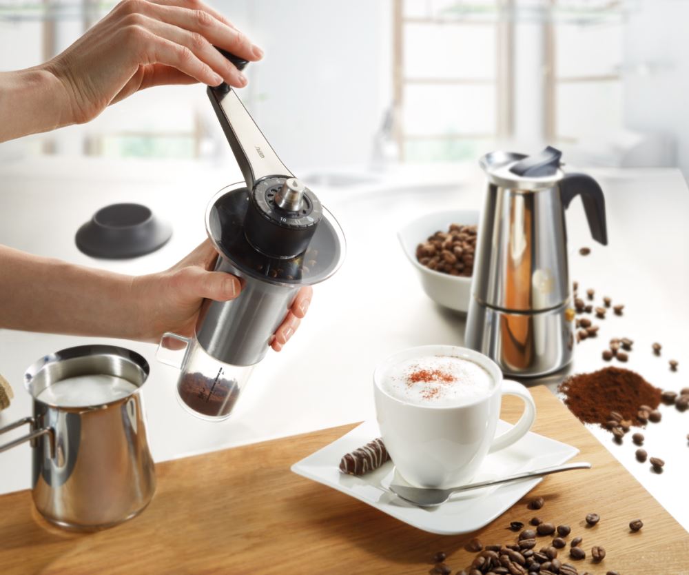 Adjustable hand coffee grinder Lorenzo by GEFU, stainless steel with 11 grind settings for perfect coffee consistency.