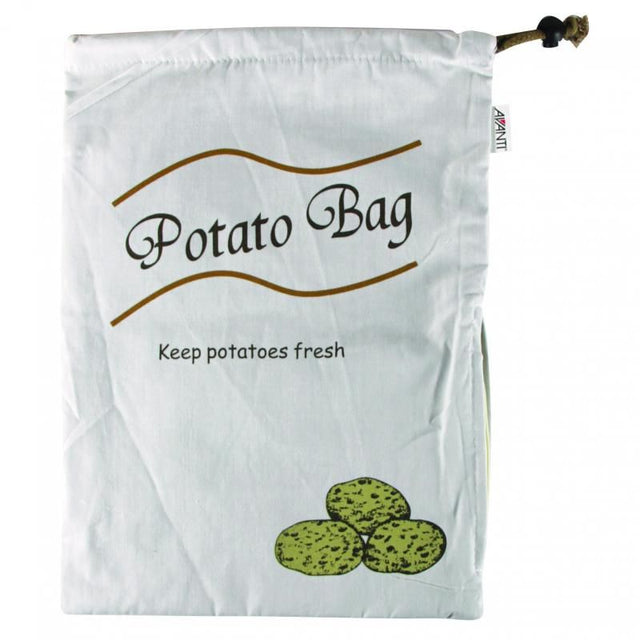 Avanti Potato Bag in black cotton, zippered and drawstring, keeps potatoes fresh and dark, dimensions 27.5x38cm.