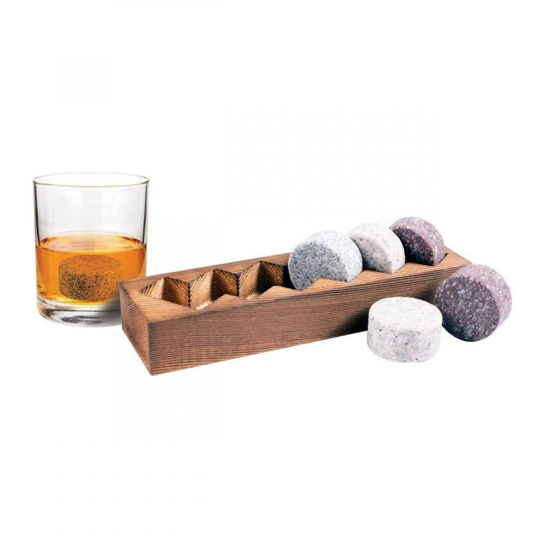 Set of 6 granite whiskey pucks for chilling spirits without dilution, ideal for whiskey lovers and reusable for convenience.