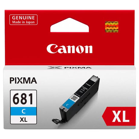 Canon CLI681XLC Cyan high yield ink cartridge for vibrant, smudge-resistant prints, compatible with various Canon Pixma printers.