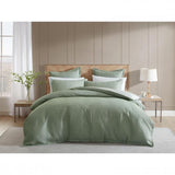 Luxurious King duvet set in eucalyptus with jacquard chevron pattern, soft texture, and durable cotton-polyester blend.