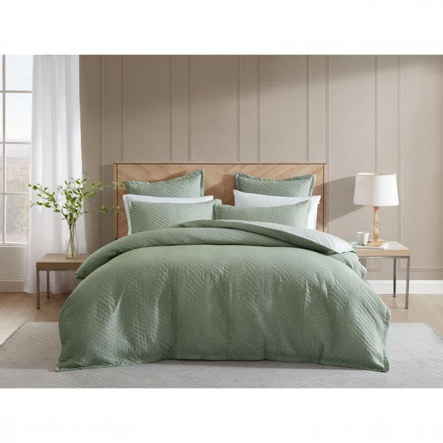 Elegant Monty Quilt/Duvet Set for Super King bed in calming Eucalyptus, featuring chevron stripes and soft cotton-poly blend.