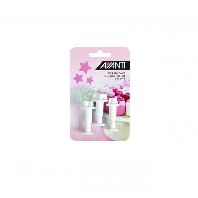 Avanti Star Fondant Plunger Cutter Set in white, 3-piece set for easy cake and dessert decoration with star-shaped designs.