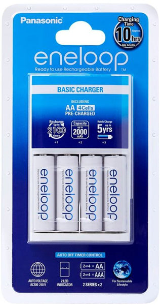 Panasonic Eneloop charger with 4 AA batteries, eco-friendly, rechargeable up to 2100 times, LED indicator, and auto-off feature.