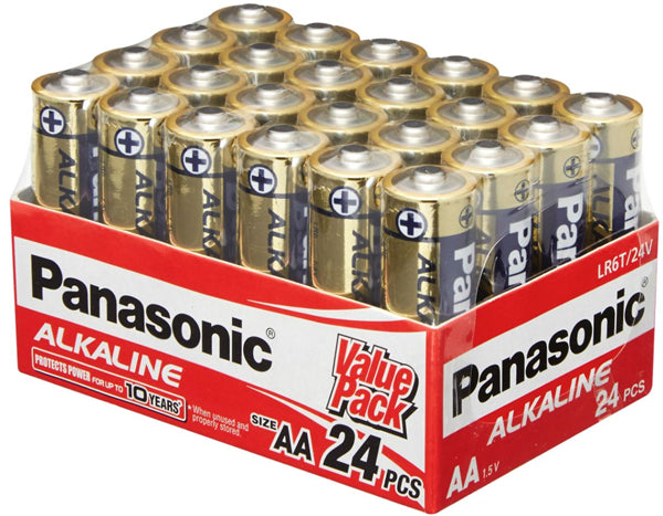 Pack of 24 Panasonic AA Alkaline Batteries, providing reliable power for various devices like remotes, cameras, and toys.