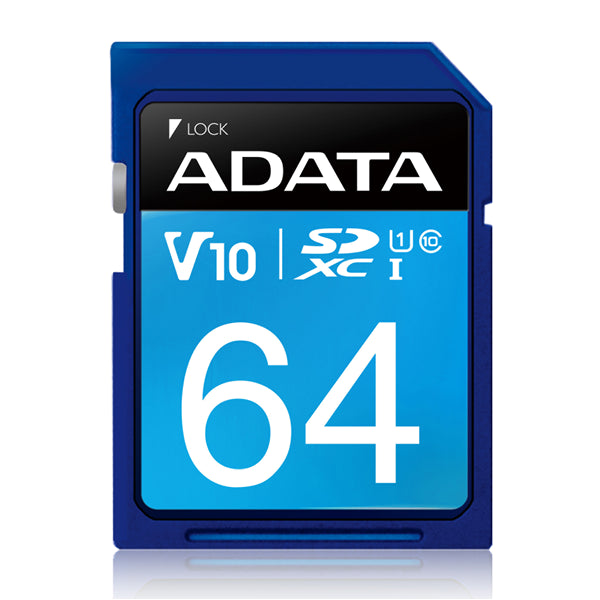 ADATA Premier UHS-I V10 SDXC Card 64GB: High-speed storage for photos and videos, with 100MB/s read and lifetime warranty.