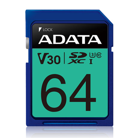 ADATA 64GB Premier Pro UHS-I U3 V30 SDXC card, featuring up to 100MB/s read and 80MB/s write speeds for 4K video and photography.