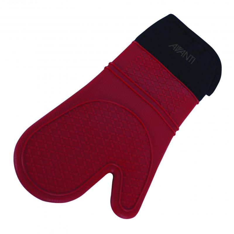 Bright red Avanti Silicone Oven Glove with non-slip grip, cotton lining, heat-resistant to 190°C, perfect for safe cooking.