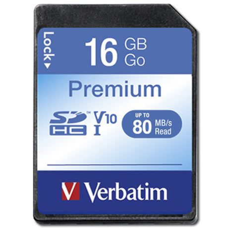 High-speed 16GB Verbatim SDHC Class 10 card for cameras and devices, supports HD video with read speeds up to 80MB/s.