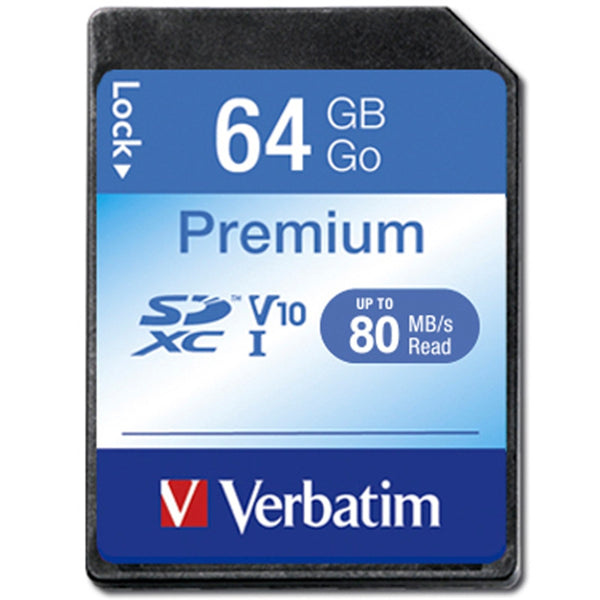 Verbatim 64GB Premium SDXC Class 10 Card, optimized for high-speed photo and video recording with 80MB/s read speed.