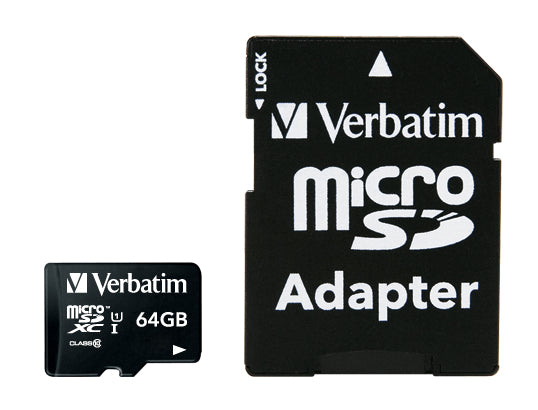 Verbatim 64GB microSDXC card with adapter, Class 10, UHS-I, for fast storage in mobile devices and cameras.