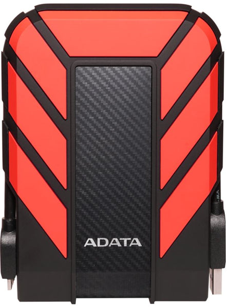 Red ADATA HD710 Pro 1TB external HDD, durable and waterproof, ideal for adventurers with fast USB 3.1 data transfer.