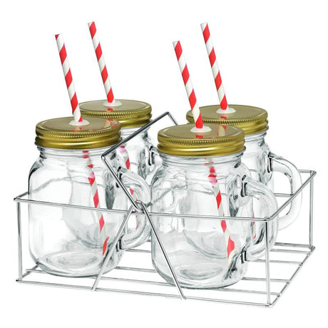 Set of 4 Avanti glass mason jars with handles, lids, and candy stripe straws, perfect for parties and serving drinks.