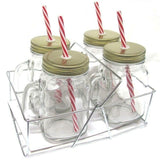 Avanti set of 4 mason jars with handles, lids, and colorful candy stripe straws, great for parties and outdoor events.