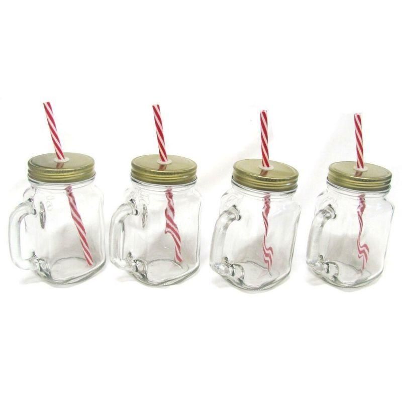 Set of 4 Avanti mason jars with handles, candy striped straws, and lids, perfect for parties and outdoor gatherings.