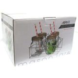 Set of 4 Avanti glass mason jars with handles, candy stripe straws, and metal carry caddy, perfect for any celebration.