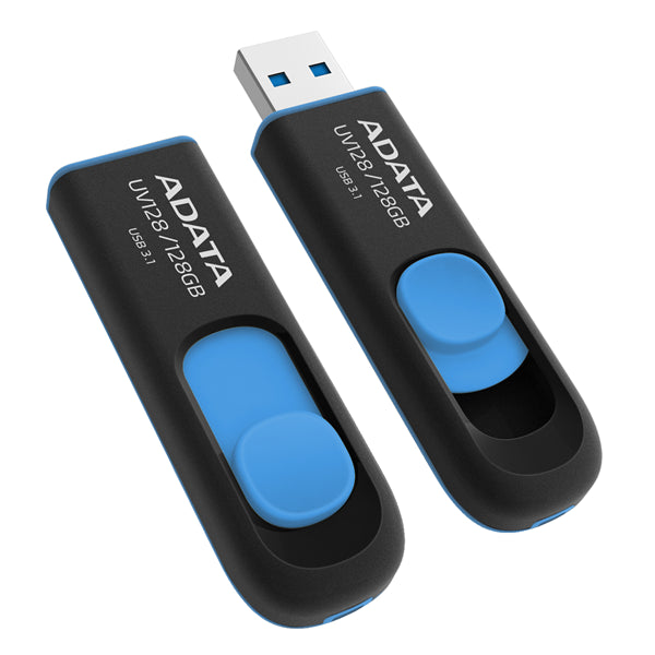 ADATA UV128 Dashdrive with capless design, 128GB storage, USB 3.0, blue and black, lightweight for portable data storage.