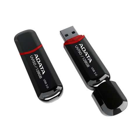 Black and red ADATA UV150 128GB USB 3.0 flash drive, sleek design with fast data transfer and durable protection cap.