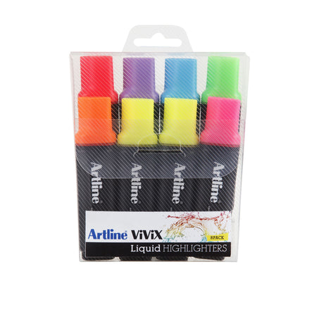 Artline Vivix Highlighters 8pk in vibrant colors, featuring chisel nibs and visible ink indicators for smooth, consistent marking.