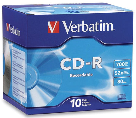 Verbatim CD-R 700MB 52x 10 Pack with Jewel Cases for reliable storage of music, images, and files, fast recording speed.