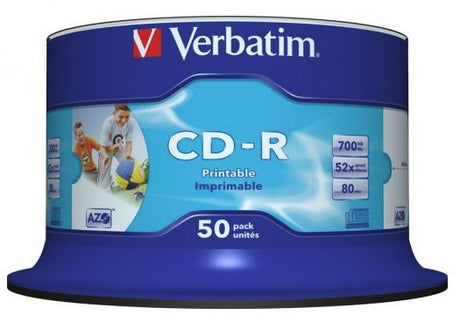 Verbatim CD-R 700MB 52x discs on spindle, featuring white inkjet printable surfaces for custom labeling and reliable storage.