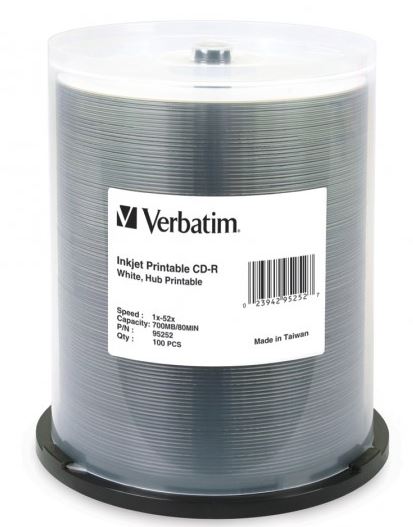 Verbatim 100-pack CD-Rs with 700MB storage, 52x speed, and printable white surface for custom labeling.