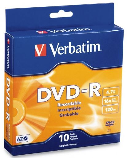 Verbatim DVD-R 4.7GB 16x discs in a 10-pack spindle, designed for reliable data storage and fast recording.