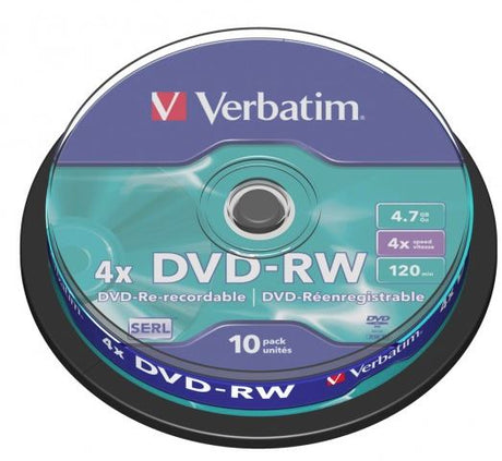 "Verbatim DVD-RW 4.7GB 4x 10 pack spindle for versatile data storage and excellent recording quality."