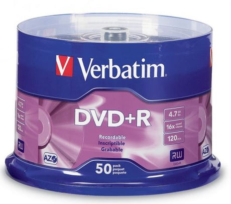 Verbatim DVD+R 4.7GB 16x 50 pack on spindle for high-quality data and video storage, fast recording, and broad compatibility.