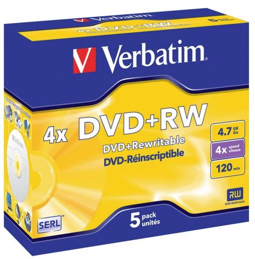 Verbatim DVD+RW 4.7GB 4x 5 Pack with Jewel Cases for reliable data storage and backup, featuring superior recording quality.