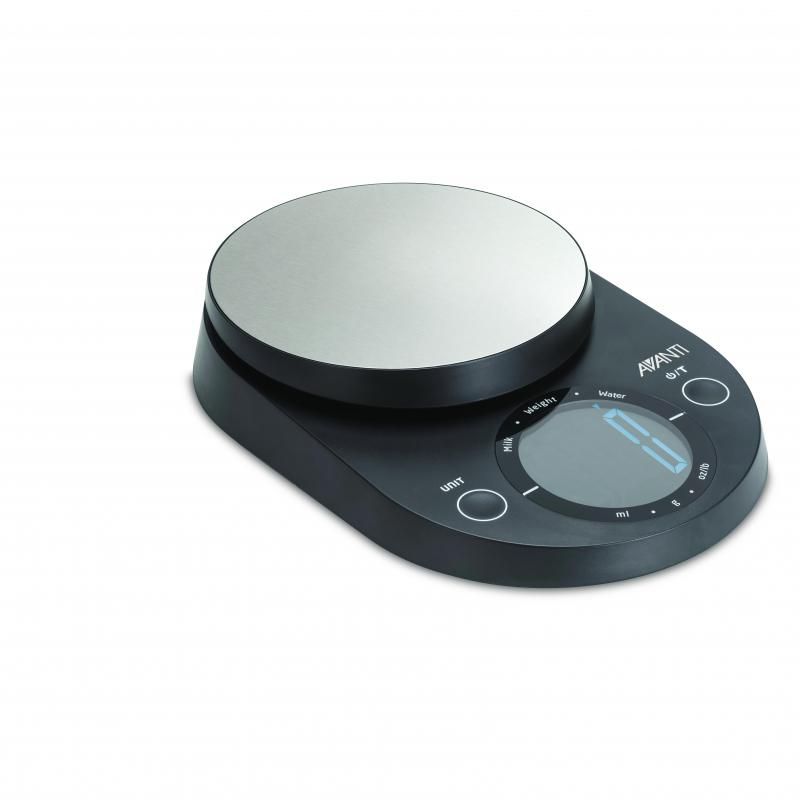 AvantiLargeDisplayKitchenScale in black, lightweight and precise, max 5kg capacity, easy-to-read digital display for accurate measurements.