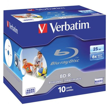 Wide printable Verbatim BD-R 25GB discs in jewel cases, ideal for recording HD content and backing up data.