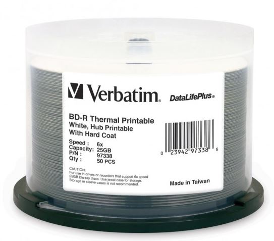 Verbatim BD-R 25GB discs on spindle, designed for HD video recording and printing labels easily.