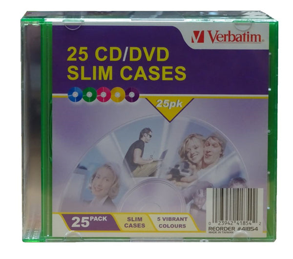 Verbatim 25 Pack Coloured Slim Cases for CDs/DVDs, offering durable protection and vibrant organization for digital media.