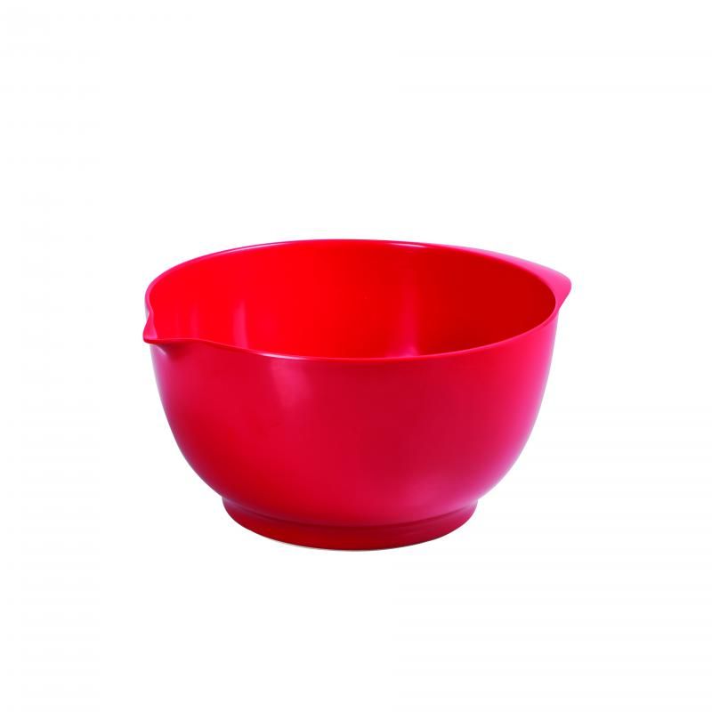 Vibrant red 16cm Avanti melamine mixing bowl, 1.5L capacity, ribbed design, durable, BPA-free, and dishwasher safe.