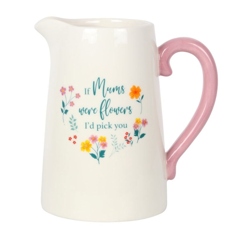 White ceramic flower jug with colorful floral design and pink handle, featuring "If Mums were flowers, I'd pick you" text.