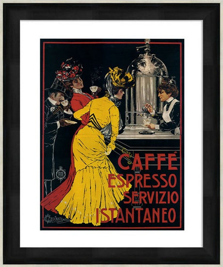 Framed art featuring a cafe espresso design, sized 45x56cm, easy to hang, with protective glass front.