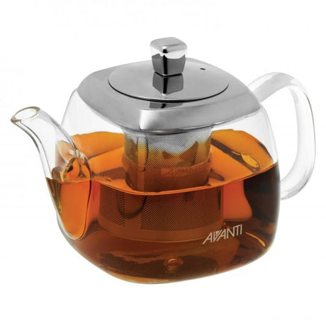 Elegant Avanti Quadrate Square Teapot in clear borosilicate glass with stainless steel infuser, 400ml capacity for brewing tea.