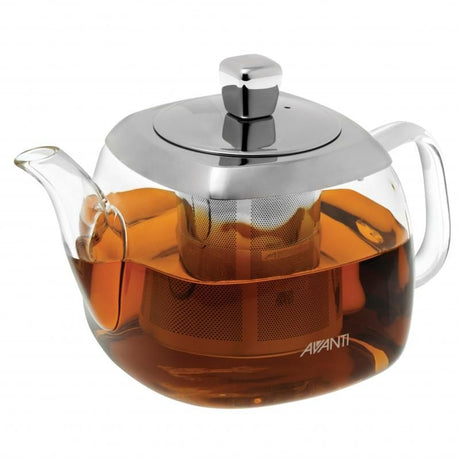 Elegant Avanti Quadrate Square Teapot 700ML in borosilicate glass, featuring a stainless steel infuser and ergonomic handle.