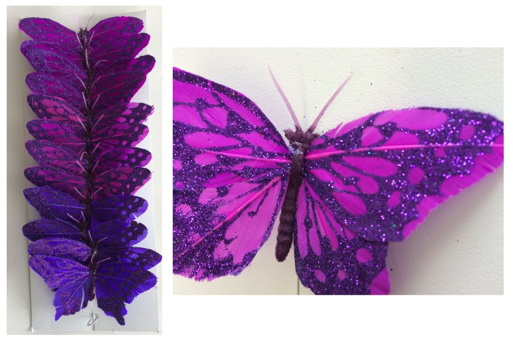 Set of 12 vibrant artificial butterflies with glitter, featuring feather bodies and flexible wires for versatile decor.