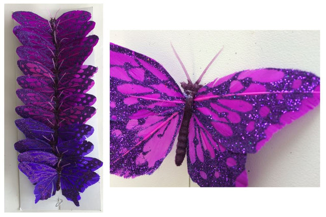 Set of 12 vibrant artificial butterflies with glitter, featuring feather bodies and flexible wires for versatile decor.
