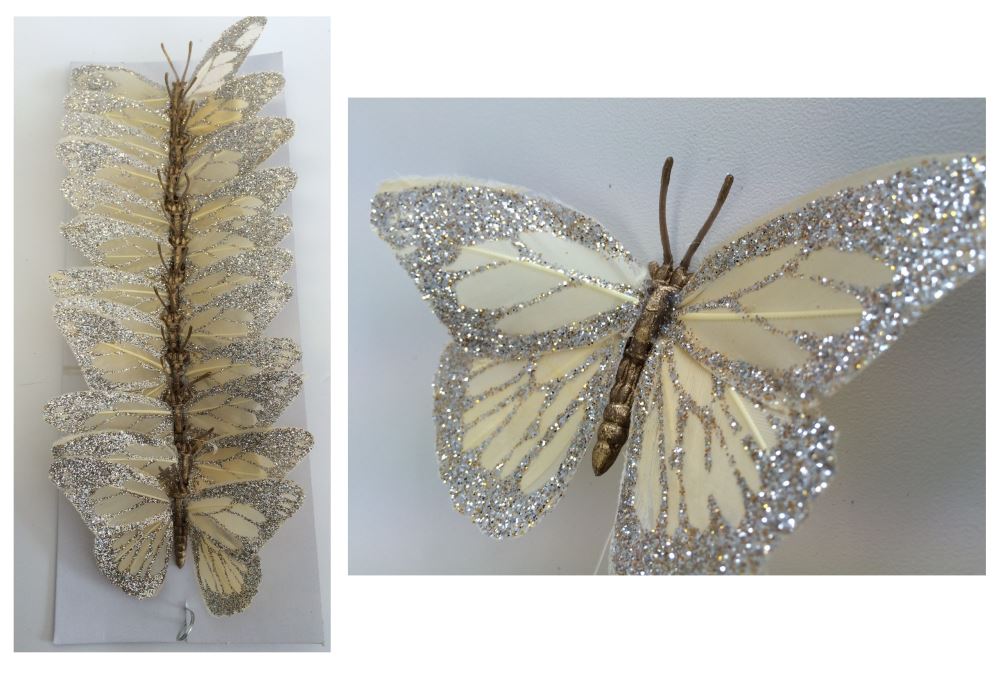 Colorful glittering artificial butterflies (set of 12) with feather bodies, ideal for festive decorations and crafts.