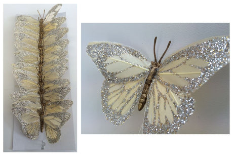 Colorful glittering artificial butterflies (set of 12) with feather bodies, ideal for festive decorations and crafts.