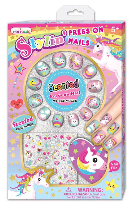 Colorful press-on nails featuring whimsical unicorn designs, including a nail file and stickers for creative customization.