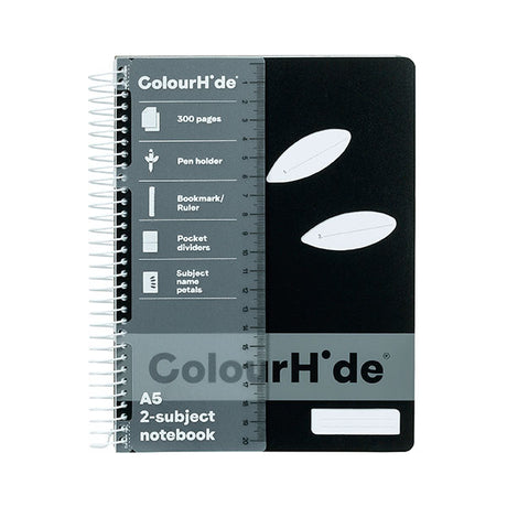 A pack of 5 Colourhide A5 2 Subject Books in black, each with 300 perforated pages, pen holder, and pocket dividers.