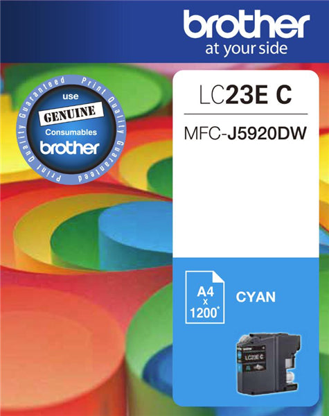 Brother LC23EC Cyan Ink Cartridge for vivid prints, compatible with MFCJ5920DW, yielding up to 1200 pages at 5% coverage.