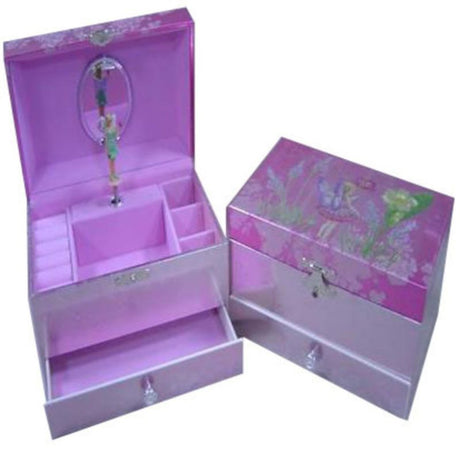 Musical jewellery box in pink and silver featuring a fairy, flowers, mirror, and spinning fairy that plays melodies.