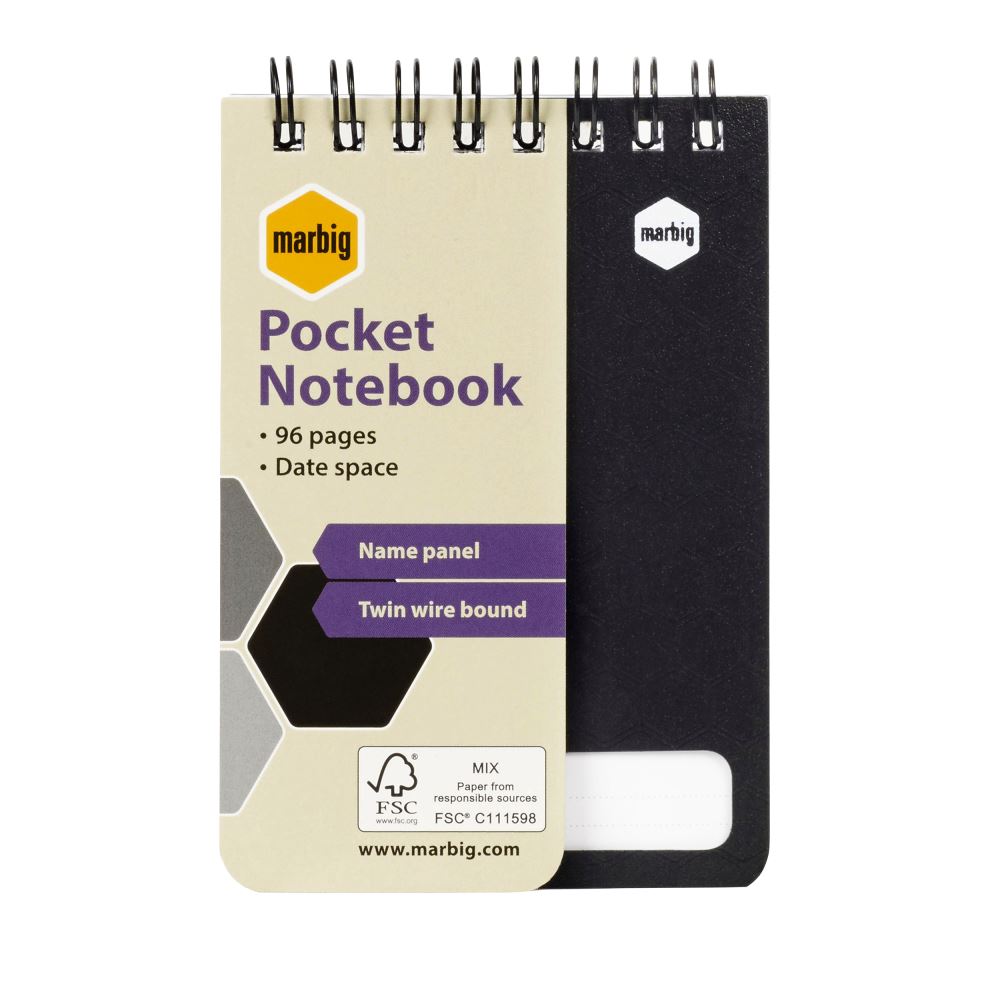 Compact pack of 5 Marbig notebooks with 96 pages each, featuring pockets for organizing loose sheets and durable covers.