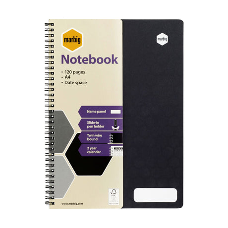 Marbig A4 Notebook with 120 pages, perfect for notes, sketches, and organizing ideas for students and professionals.