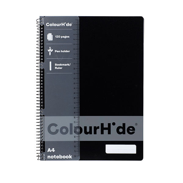 Pack of 10 Colourhide A4 notebooks, 120 pages each with perforated edges and pen holder in sleek black design.